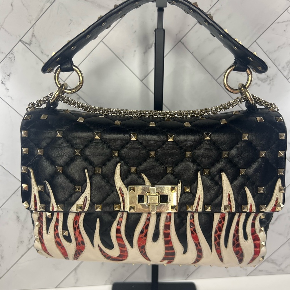 Valentino Lambskin Ayers Flames Medium Rockstud Spike Shoulder Bag Black